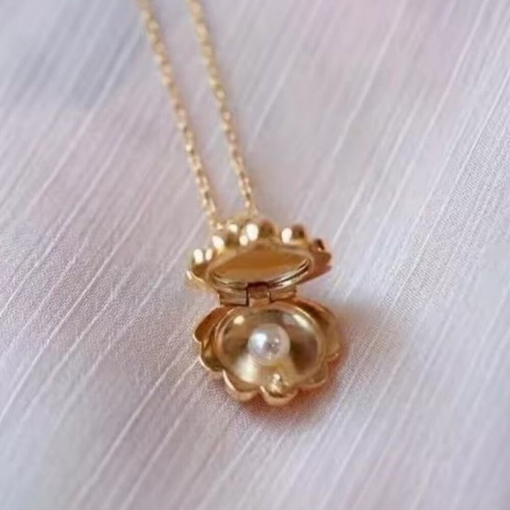 Dainty Gold Tone Clamshell & Pearl Necklace Women's Valentine's Birthday Gift